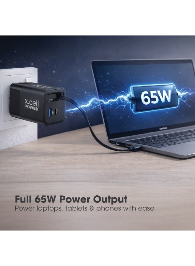 Xcell 65W GaN II USB-C Fast Charger with 65cm Retractable Cable, 3-Port Fast Charging (2 USB-C PD + USB-A QC 3.0), PPS Support, Compact Wall Charger for iPhone 16/17, Samsung & USB-C Devices, Black - Image 2